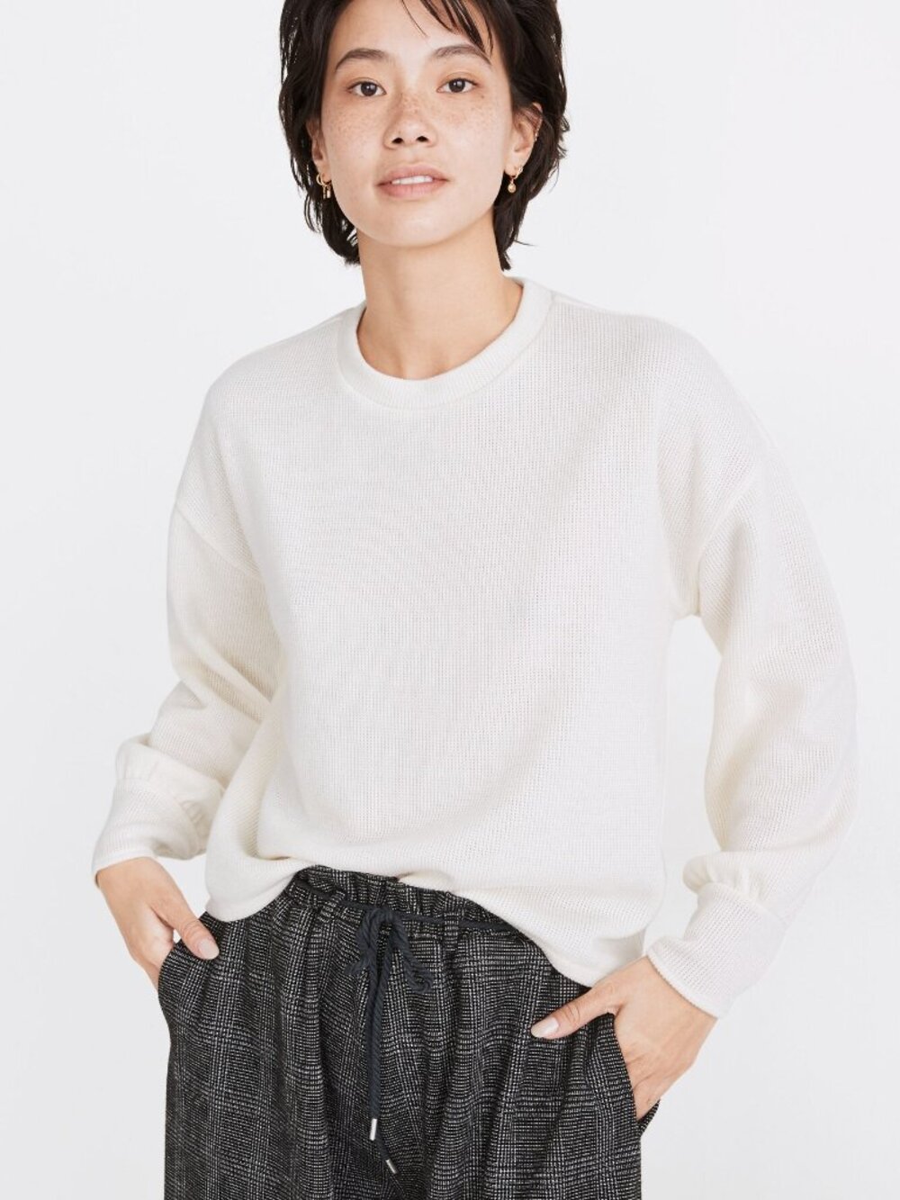 Madewell Ivory Brushed Knit Crew Neck Top Size S Puff Sleeve Fall Minimalist